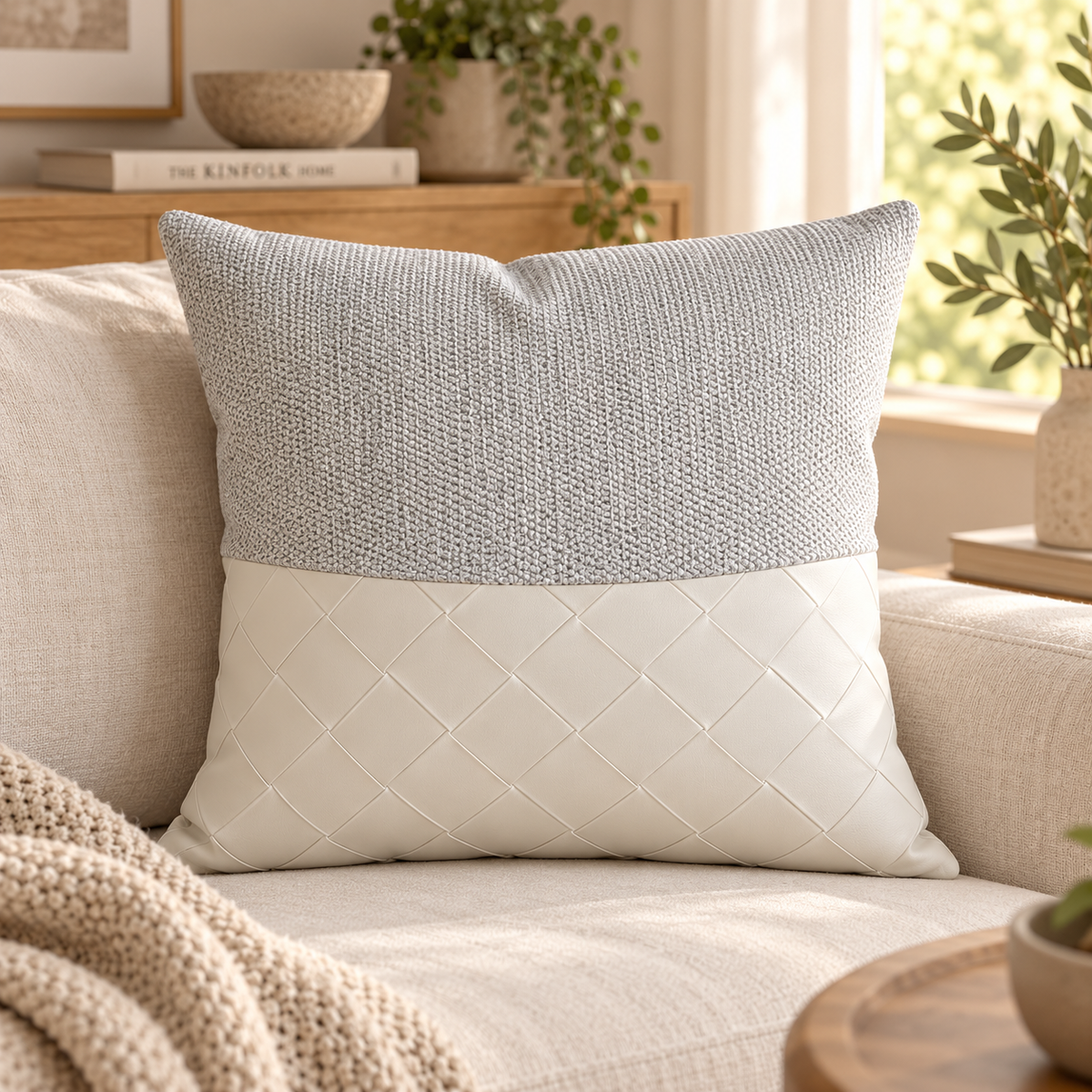 Coussin décoratif texturé effet cuir 50 x 50 cm - Gris clair et ivoire
