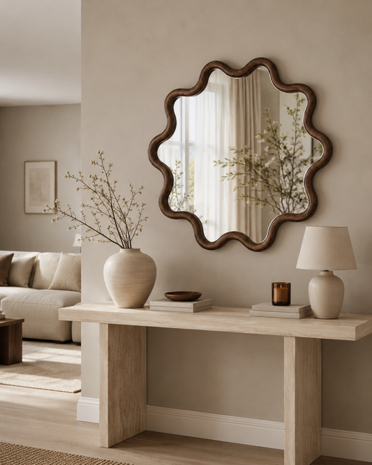 Miroir Scallopé Rond Bois Naturel Foncé – vue 2 du produit | ODECO