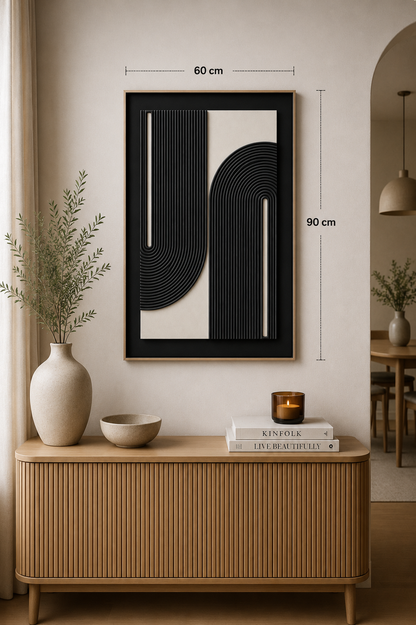 Tableau 3D minimaliste noir et blanc — 60 × 90 cm — vue 3, ODECO Boisbriand