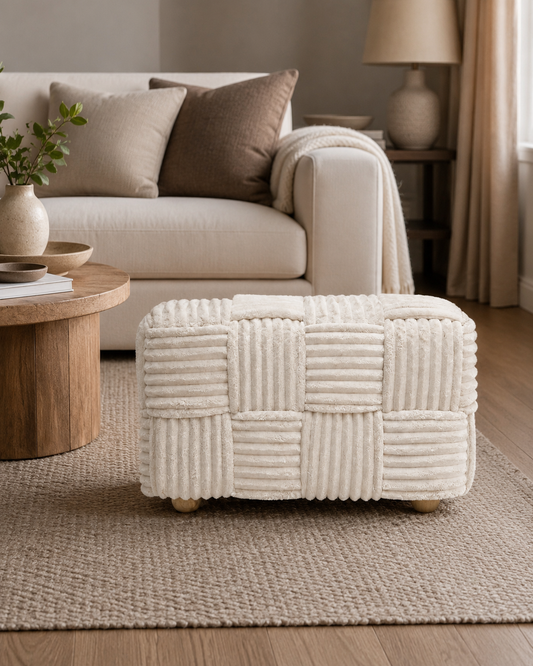Pouf Carré Tissé Double Pieds Bois – vue principale | ODECO