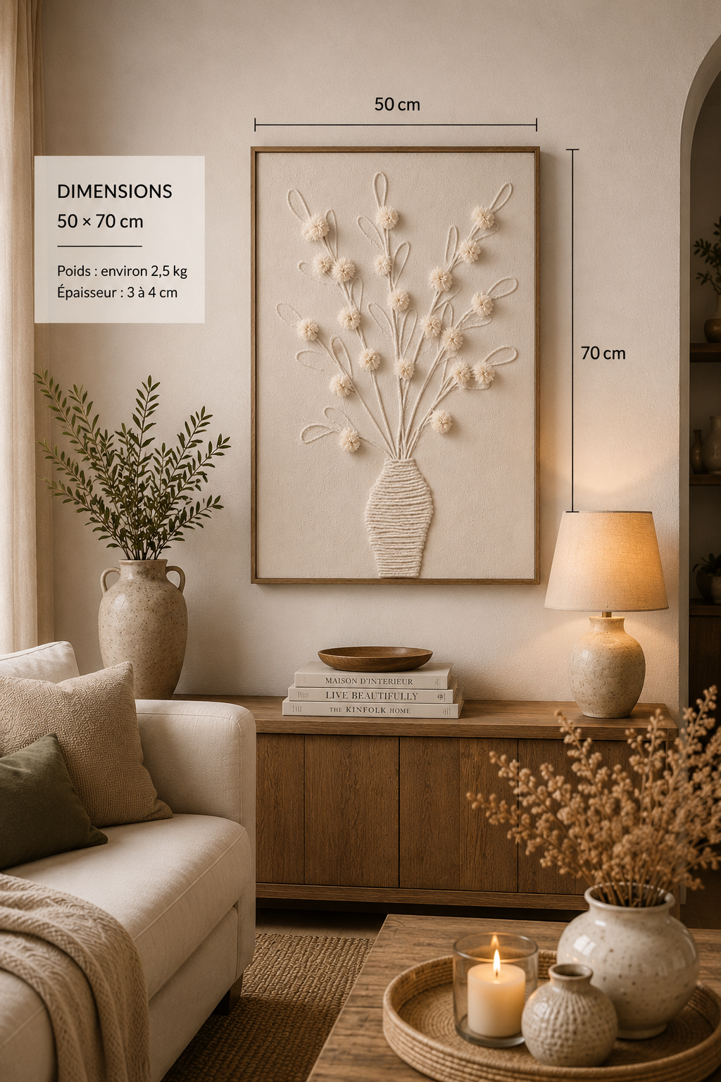 White Relief Painting Vase with Flowers 50*70