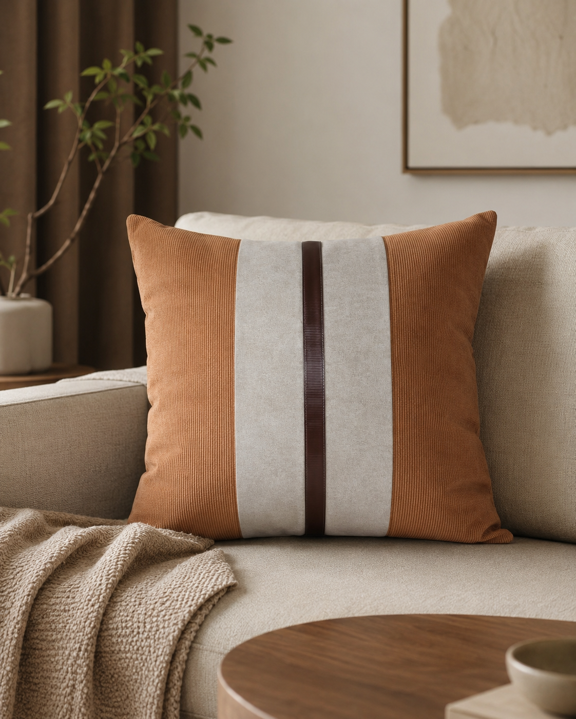Coussin décoratif texturé avec bande centrale brune – vue 2 du produit | ODECO
