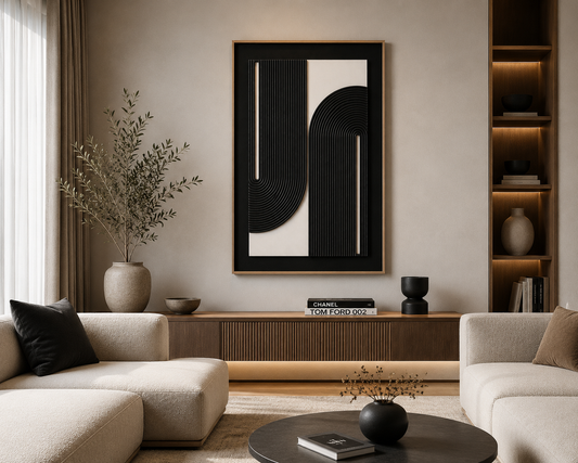 Tableau 3D minimaliste noir et blanc — 60 × 90 cm – vue 2 du produit | ODECO