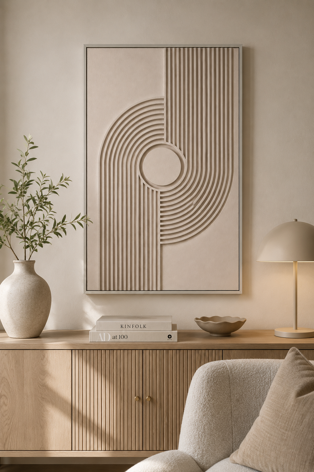 Tableau 3D minimaliste greige et taupe — 60 × 90 cm
