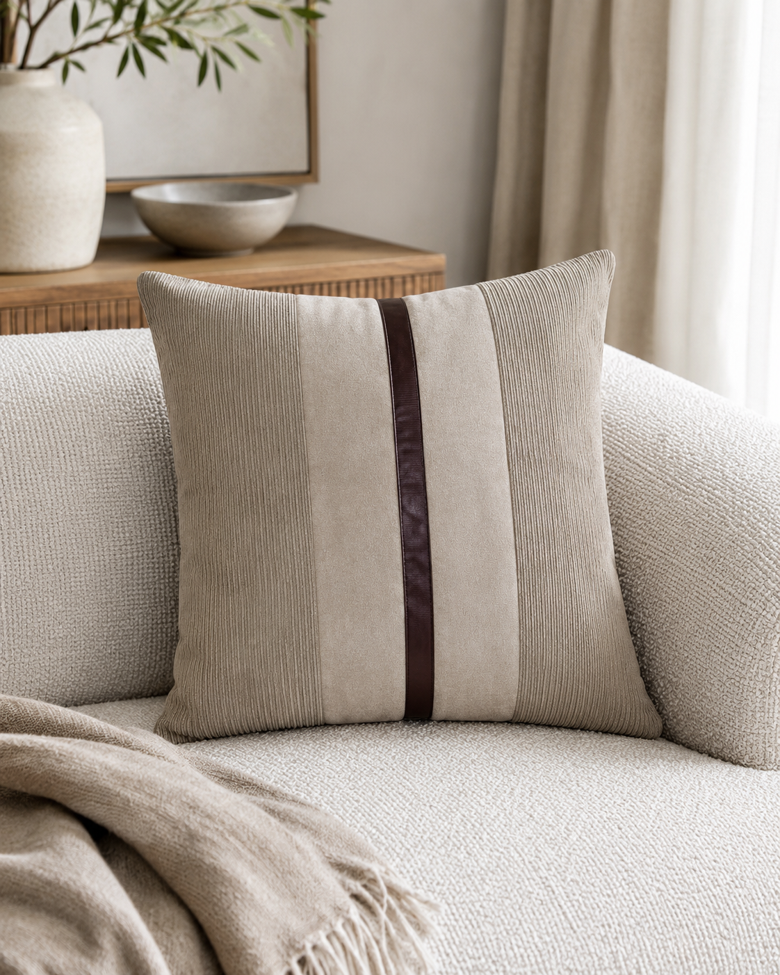 Coussin décoratif texturé avec bande centrale brune – vue principale | ODECO