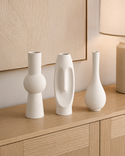 Jeu de vases-figurines en céramique blanche – 3 pièces — vue principale, ODECO Boisbriand