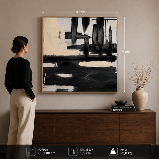 Tableau abstrait sur toile noir et blanc — 80 × 80 cm – vue 2 du produit | ODECO