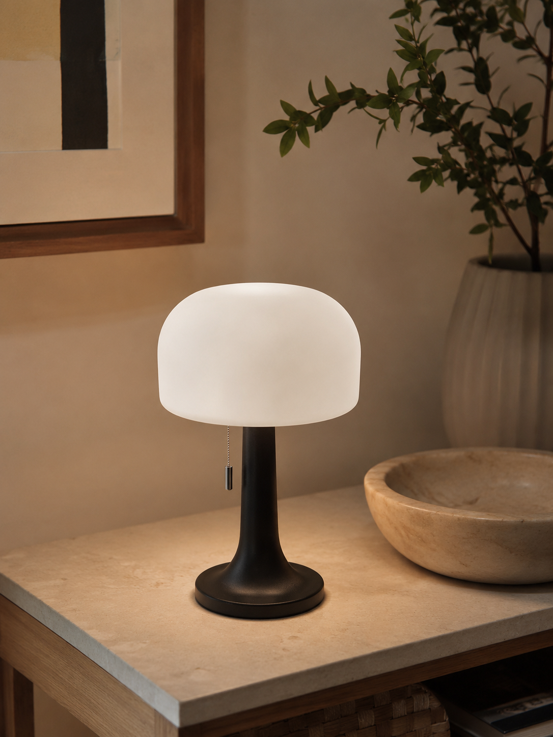 Lampe champignon rechargeable – noire, blanche et bois – vue 2 du produit | ODECO