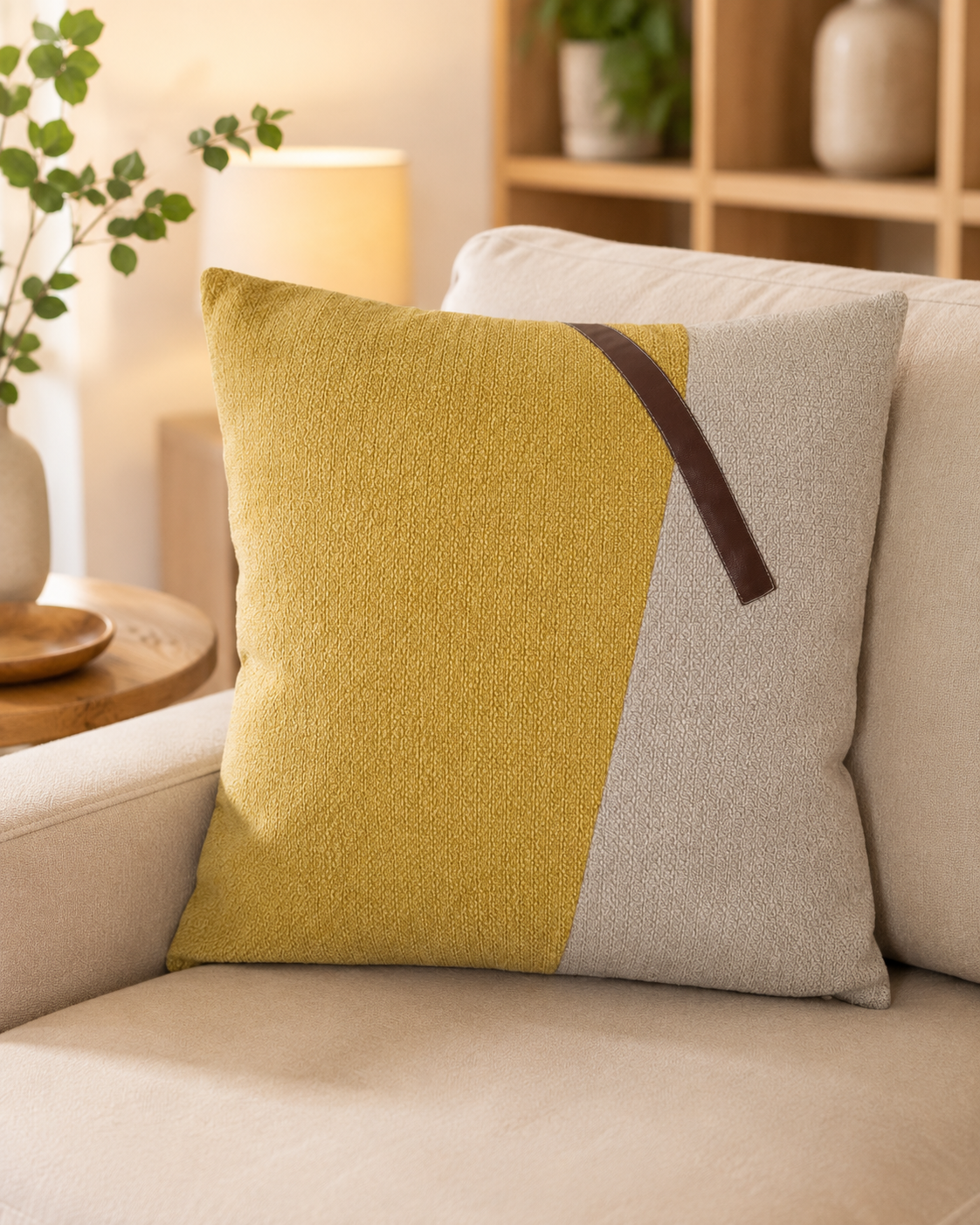 Coussin décoratif texturé asymétrique avec bande brune – vue 2 du produit | ODECO