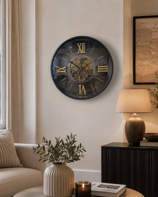Horloge Vintage Engrenage Visible Noir – vue principale | ODECO