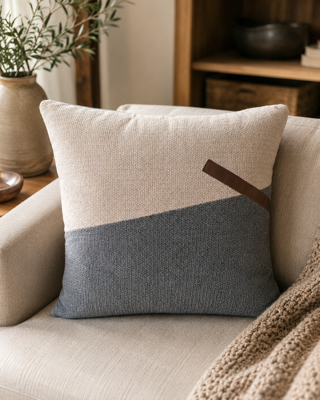 Coussin décoratif texturé asymétrique avec bande brune – vue 3 du produit | ODECO