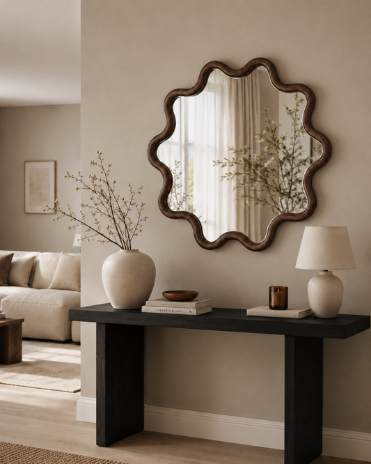 Miroir Scallopé Rond Bois Naturel Foncé – vue principale | ODECO