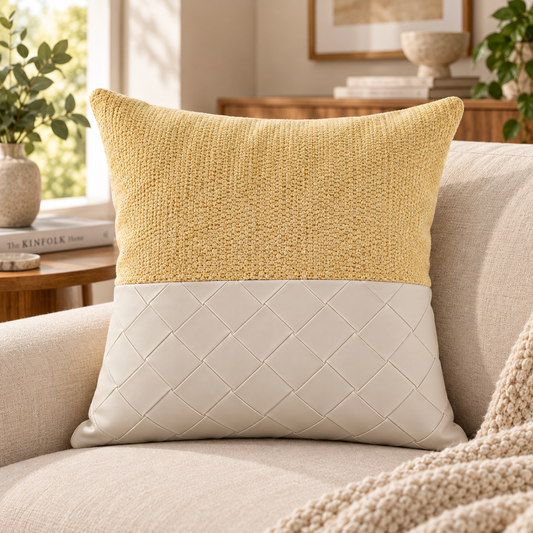 Coussin décoratif texturé effet cuir 50 x 50 cm - Moutarde et ivoire