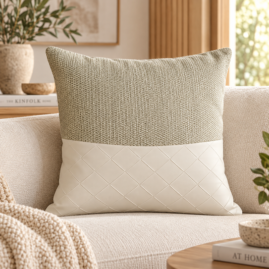 Coussin décoratif texturé effet cuir 50 x 50 cm - Sauge et ivoire
