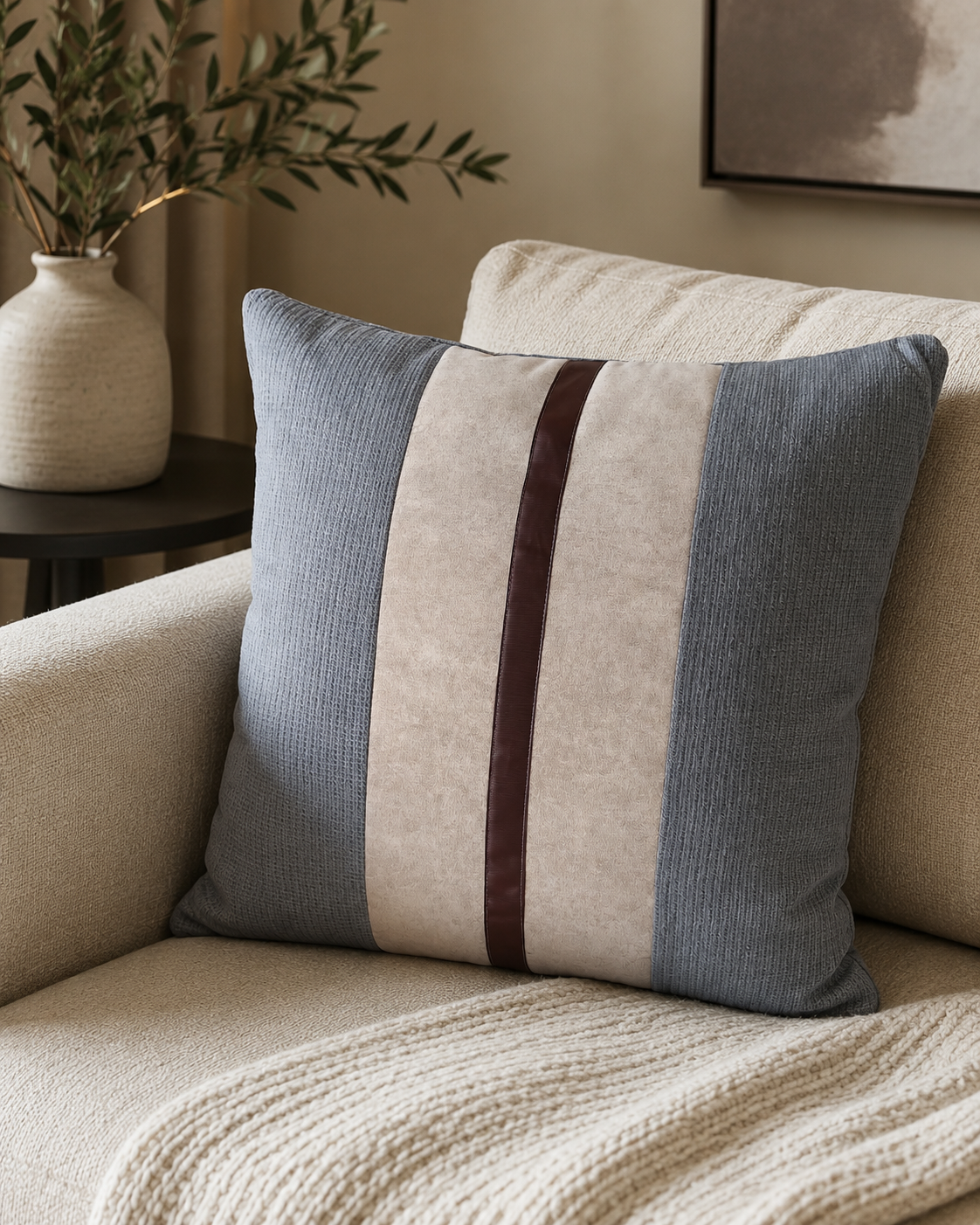 Coussin décoratif texturé avec bande centrale brune – vue 3 du produit | ODECO